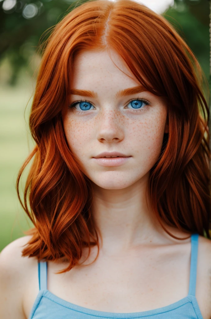 A 16 year old redhead with freckles, Blue eyes, straight nose and defined cheeks