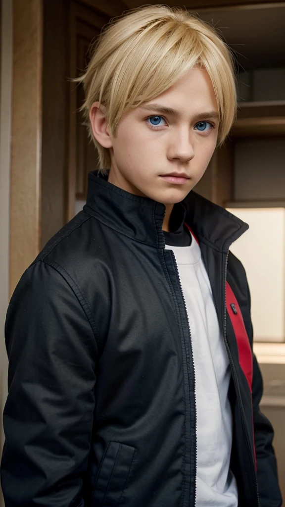 Create a 14 year old boy, Blonde hair, blue eyes, plain black and red jacket, like boruto 