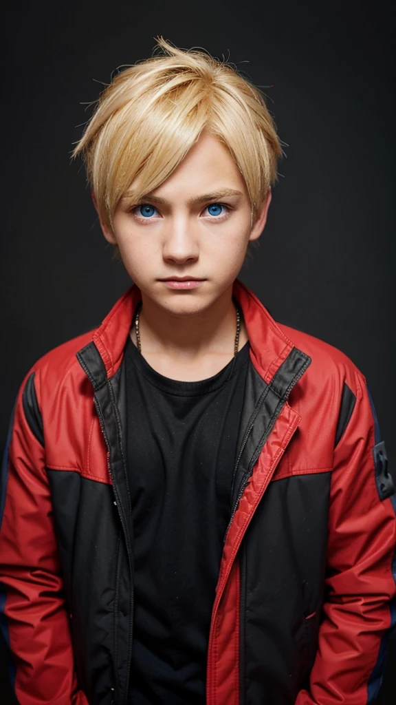 Create a 14 year old boy, Blonde hair, blue eyes, plain black and red jacket, like boruto 