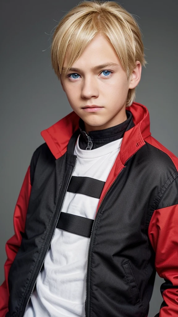 Create a 14 year old boy, Blonde hair, blue eyes, plain black and red jacket, like boruto 