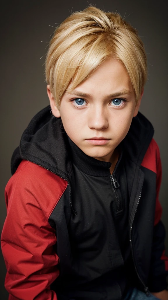 Create a 14 year old boy, Blonde hair, blue eyes, plain black and red jacket, like boruto 