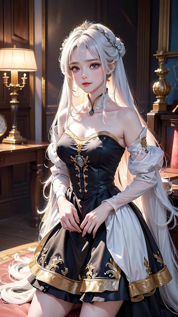 ((masterpiece:1.5,Highest quality,Highly detailed images,Beautiful images、Realistic、Photorealistic、2.5D))(1girl, 独奏)(Adult women、large breasts, white hair, beautiful eyes, Healthy legs、Tight ass、Beautiful cleavage)(Fantasy dresses、Fantasy Clothes、Black battle dress、black dress:1.5, Deep slit)(smile, wind, floating hair)(bright、Soft lighting、Inside the castle、The King's Chamber)