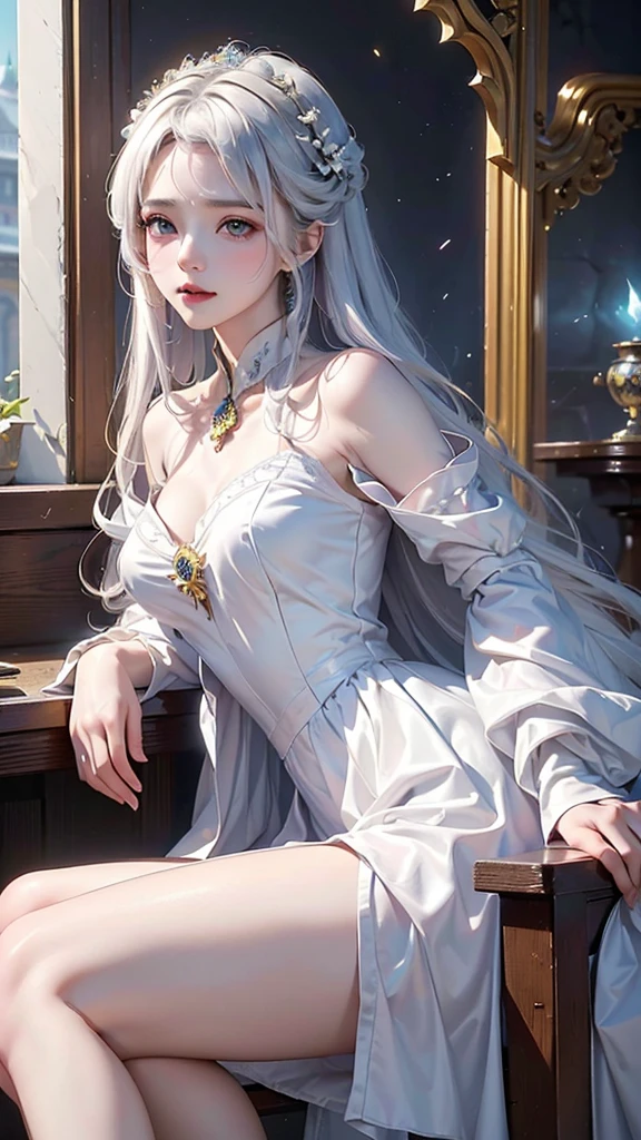 (top-quality、tmasterpiece:1.2),teens girl,White color hair、Smooth skin、Beautiful mouth、Smooth legs、Busty body,Silver lace-up panties,Moon,Lying in the snow,onbed,Riding position,Visible on the back,Butt visible,