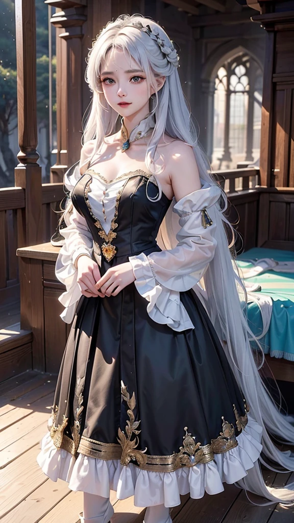 ((masterpiece:1.5,Highest quality,Highly detailed images,Beautiful images、Realistic、Photorealistic、2.5D))(1girl, 独奏)(Adult women、large breasts, white hair, beautiful eyes, Healthy legs、Tight ass、Beautiful cleavage)(Fantasy dresses、Fantasy Clothes、Black battle dress、black dress:1.5, Deep slit)(smile, wind, floating hair)(bright、Soft lighting、Inside the castle、The King's Chamber)