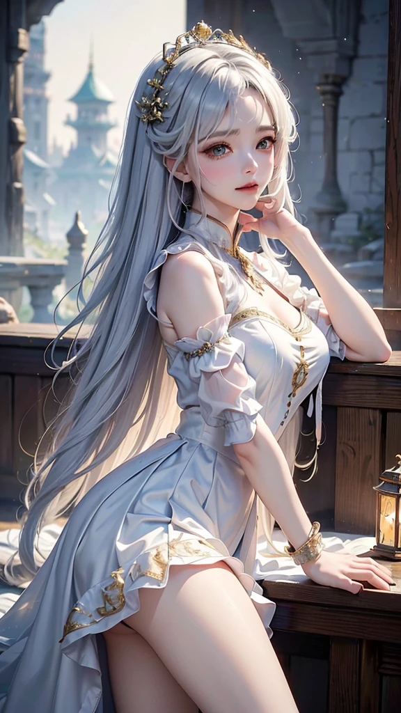 ((masterpiece:1.5,Highest quality,Highly detailed images,Beautiful images、Realistic、Photorealistic、2.5D))(1girl, 独奏)(Adult women、large breasts, white hair, beautiful eyes, Healthy legs、Tight ass、Beautiful cleavage)(Fantasy dresses、Fantasy Clothes、Black battle dress、black dress:1.5, Deep slit)(smile, wind, floating hair)(bright、Soft lighting、Inside the castle、The King's Chamber)