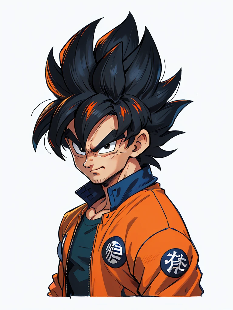 1man, solo, (masterpiece), best quality, ultra-detailed, Son Goku from Dragon Ball Z, black hair, Retro style, full body. fashion cloth, blue jacket, orange shirt, fancy, portrait, upper body, face detail, eyes detail: 1.3, simple background, black eyes, orange shirt,(white background)