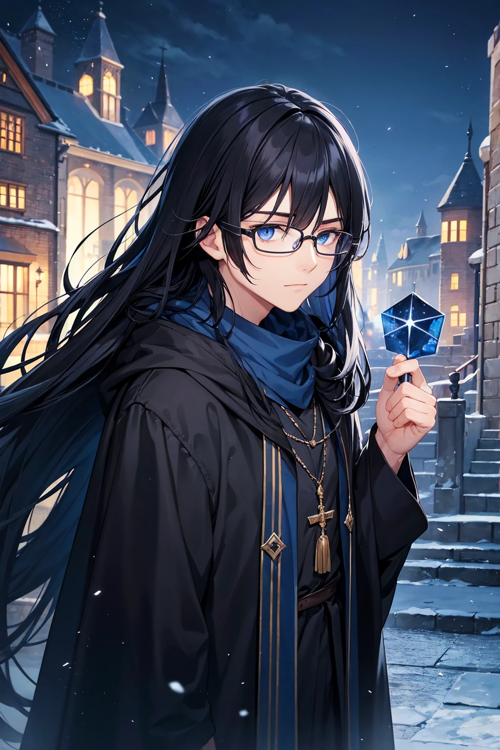 A man wearing glasses, black long-haired wizard, dark blue eyes, black with blue wizard clothes, young magician, intellectual, cold personality, medieval city background in blue night