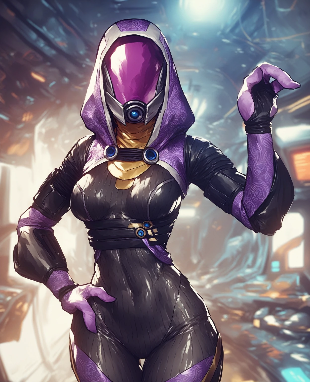 score_9, score_8_up, score_7_up, score_6_up, score_5_up, score_4_up, source_furry, by aqe, tali, tali'zorah, alien, alien humanoid, humanoid, quarian, 3 fingers, armor, black clothing, bodysuit, clothed, clothing, female, fingers, headgear, helmet, hood, not furry, detailed background, spacecraft, skinsuit, solo, tight clothing, hand on hip, pose, pose, cute pose, pinup, wide hips, medium breasts,