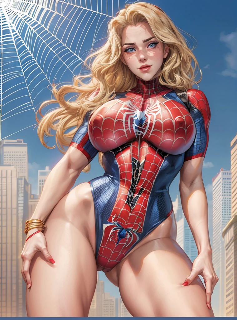 A girl,Wearing a Spiderman swimsuit,Female Spider-Man,Beautiful face,blond,Blue Eyes,Lively expressions,A charming smile。Red fishnet swimsuit,Jumping between skyscrapers,Full figure,huge breasts, Huge ass, Bare legs,,sexy uniform, Light and shadow effects,Fine image quality,excellent work,8K