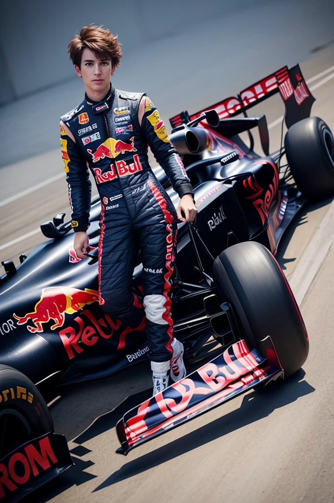 Create a Red Bull F1 driver, with short hair, full body photo for shipping