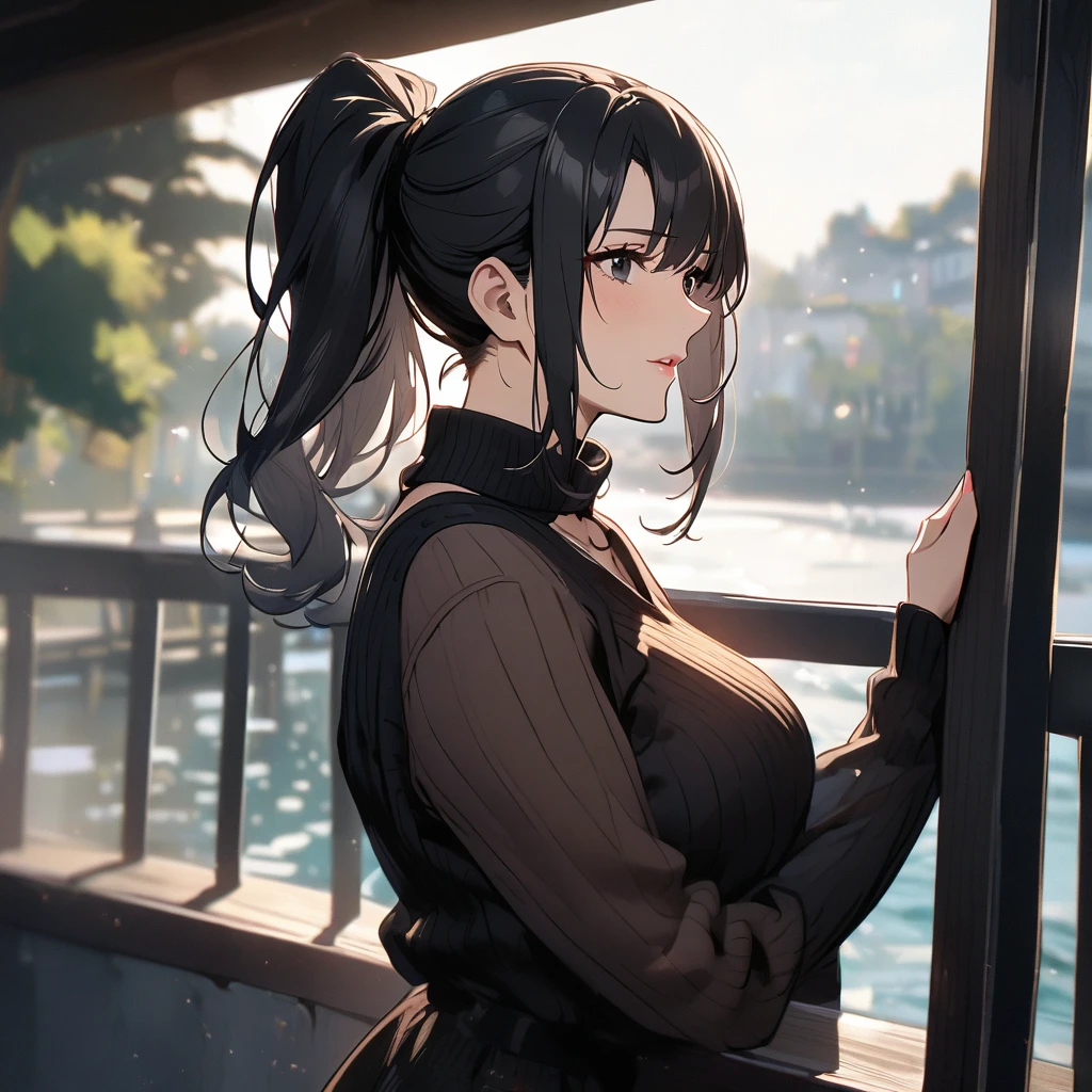 Female, beautiful, ponytail, black hair, black eyes, mature