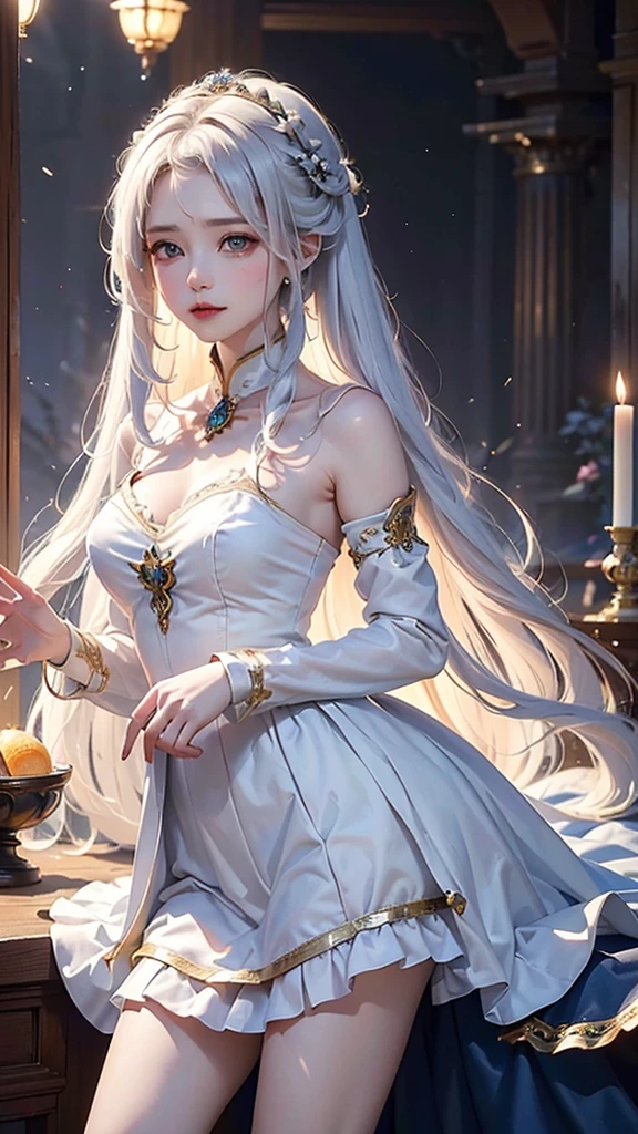 ((masterpiece:1.5,Highest quality,Highly detailed images,Beautiful images、Realistic、Photorealistic、2.5D))(1girl, 独奏)(Adult women、large breasts, white hair, beautiful eyes, Healthy legs、Tight ass、Beautiful cleavage)(Fantasy dresses、Fantasy Clothes、Black battle dress、black dress:1.5, Deep slit)(smile, wind, floating hair)(bright、Soft lighting、Inside the castle、The King's Chamber）

