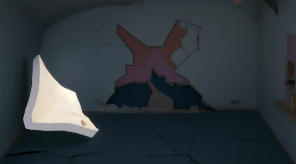 room with destroyed wall, cracked floor, bed
