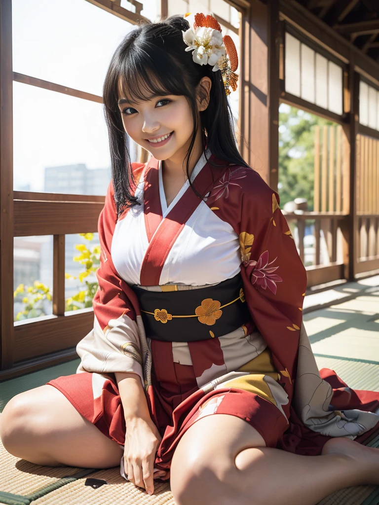 (8K、Raw photography、Highest quality、masterpiece:1.2),(Black Hair、Dark Eyes:1.9),(kimono:1.4)、View your audience,Front view,White skin,(:1.3)、(Tight waist:1.6)、(Clothes that accentuate the shape of the breasts:1.0)、(Big Breasts :1.3)、Slim figure、Ultra-high resolution,beautiful,beautiful fece,(One person、No background:1.9),whole bodyボディー,Japanese women,(reality的:1.37)、Photon Mapping,reality、(Baby-faced and cute: 1.4)、(Cute Smile: 1.8)、(Round face: 1.8)、Radio City、Physically Based Rendering、Depth of field rally background、photograph, (I can see your knees、Thigh close-up:1.8),(:1.6),whole body、Great quality