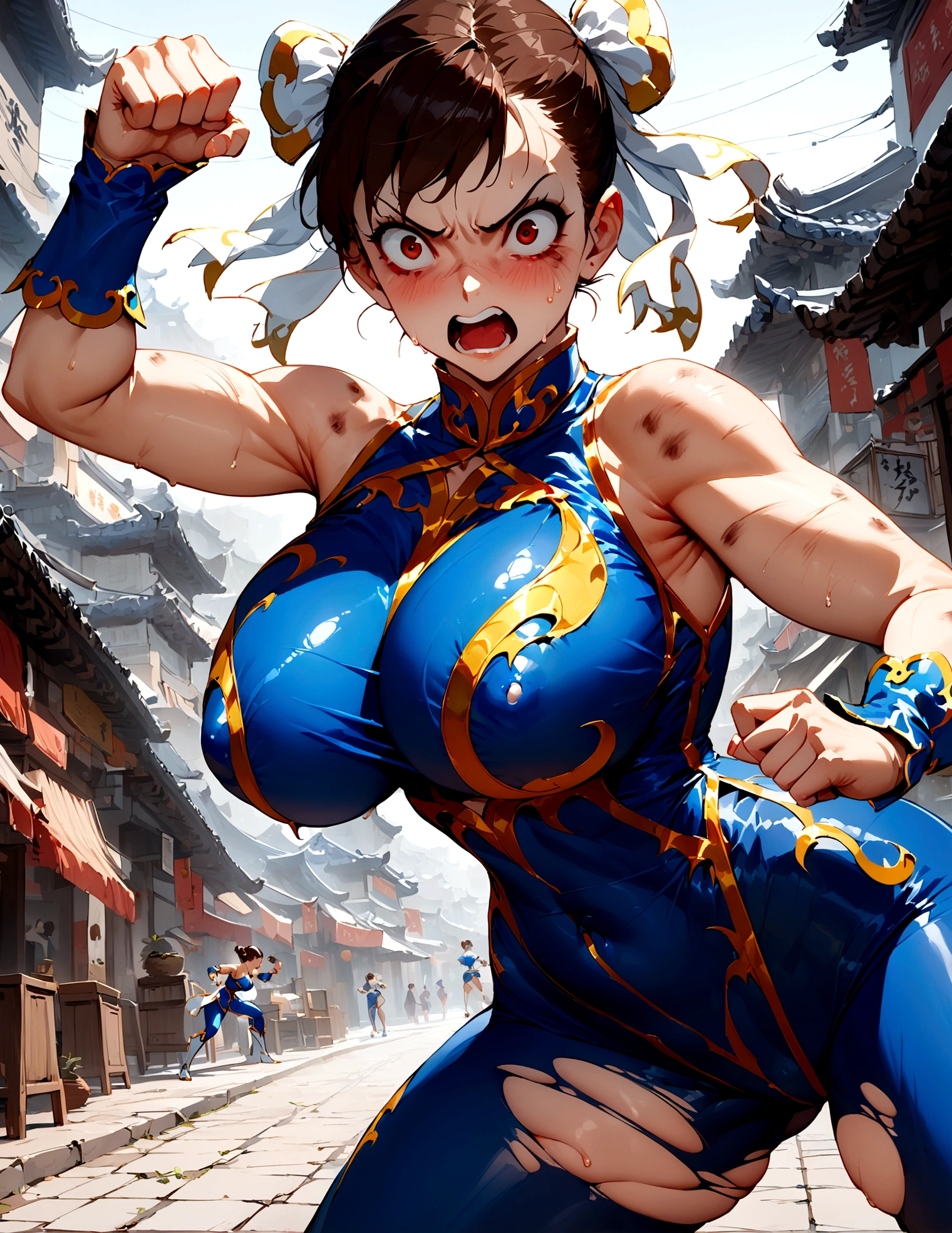 Chun Li, woman solo, hourglass body, large breast, bruises all over her body, tight outfit, torn outfit, at the chinese street, masterpiece, high detail, fighting pose, scared face
