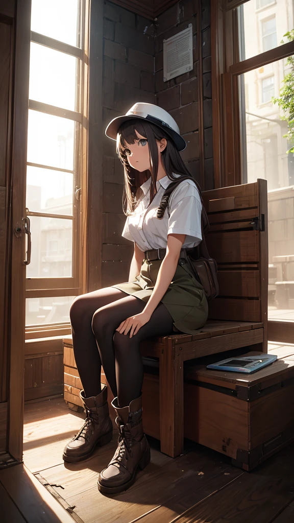 Engineer girl full body sitting down