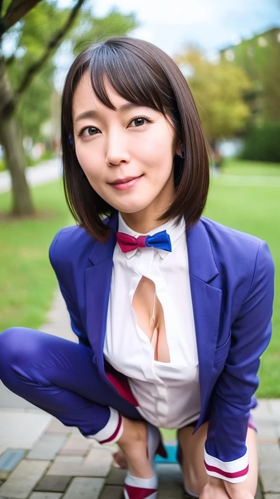 (NSFW),1 female,Beauty,Beautiful face,smile,Crouching and watching the viewer,Office Lady,In a suit,A dignified appearance,Perfect Style,Take off your jacket,Cleavage,break,spread legs,squatting,(show off panty),View from above,Front view,Ultra-realistic,Ultra high definition,Highest quality,8K,Masterpiece