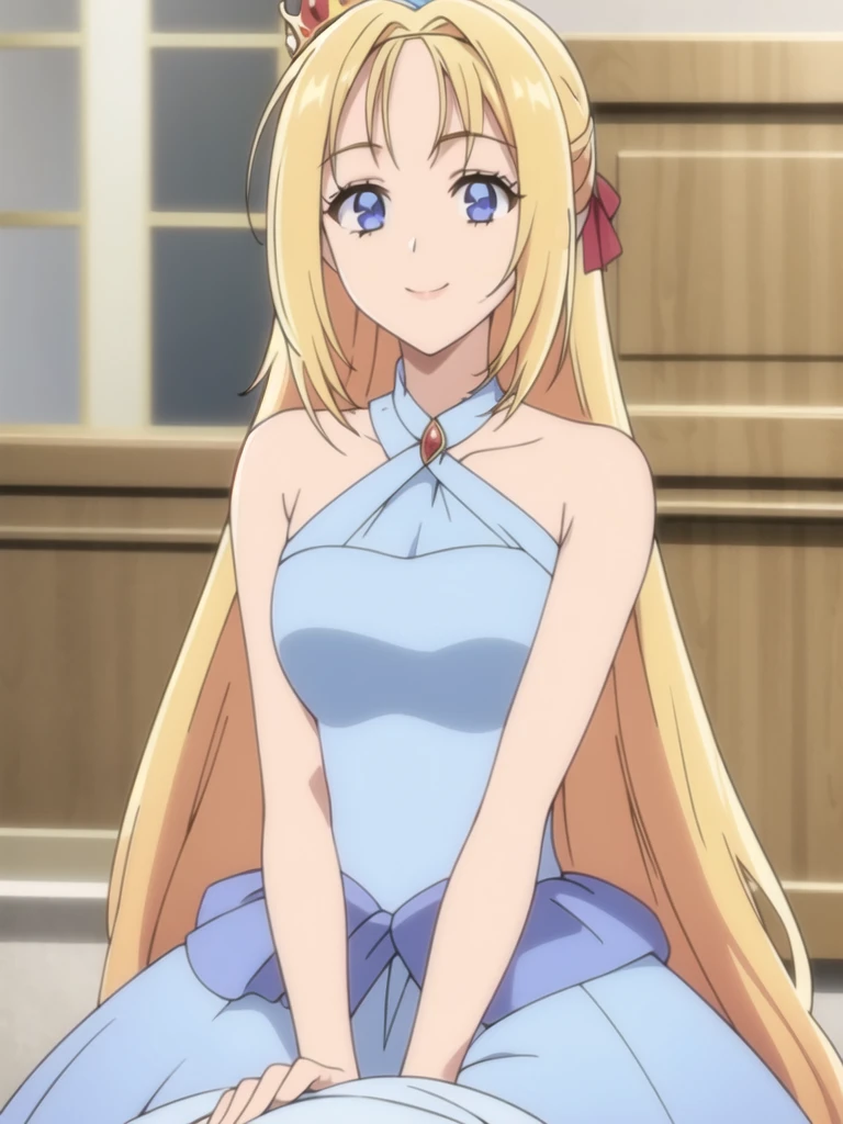 ((Best quality))), ((Ultra-detailed)), ((illustration)), ((Disheveled hair)), ((frilld)), (1 girl), (Solo), 1girl,bangs,blonde_hair,blunt_bangs,blurry,blurry_foreground,bow,crown,depth_of_field,dress,indoors,jewelry,long_hair,photo_(medium),pov,sitting,smile,solo_focus,tiara,rating:safe,Princess_dress,