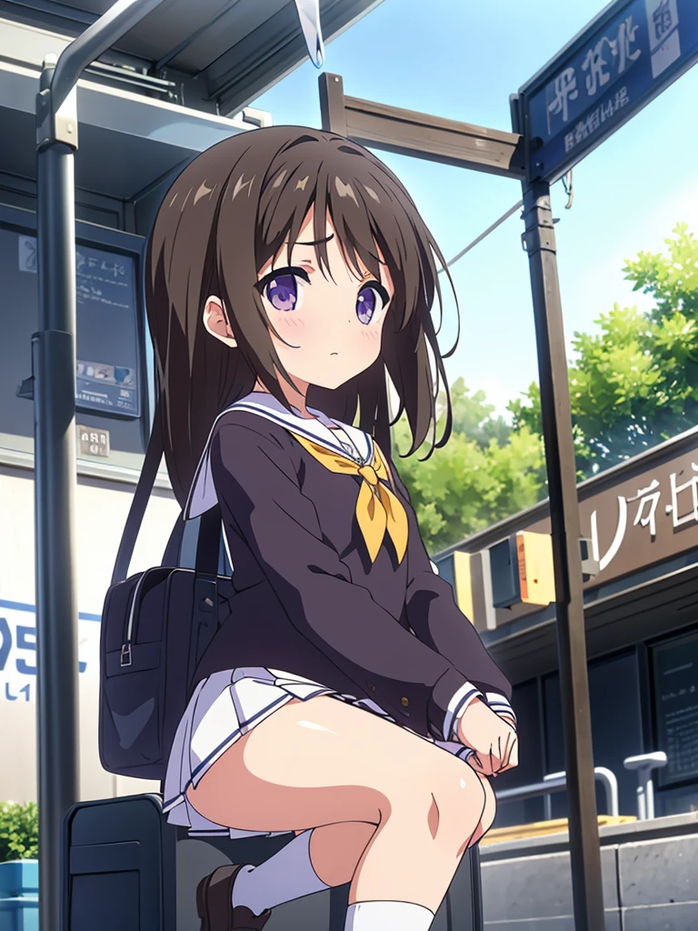 Tram stop　passengers around　Elementary school girl　8 years　flat chest　for the black　broad　The eyes are purple.　（（1 person））　Sailor uniform long sleeve white upper body　Navy blue underbody mini skirt　white panties　white socks　sport boots　standing at the stop　Open your legs a little（（I can see white panties））　FROM THE FRONT　Dynamic Angle　low angle