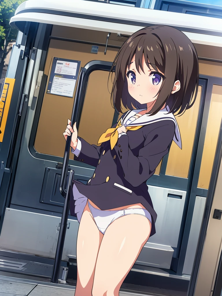 Tram stop passengers around 8 years flat chest for tack broad The eyes are purple. ((1 person)) Sailor uniform long sleeve white upper body Navy blue underbody mini skirt white panties white socks sport boots standing at the stop Open your legs a little((I can see white panties)) FROM THE FRONT Dynamic Angle low angle