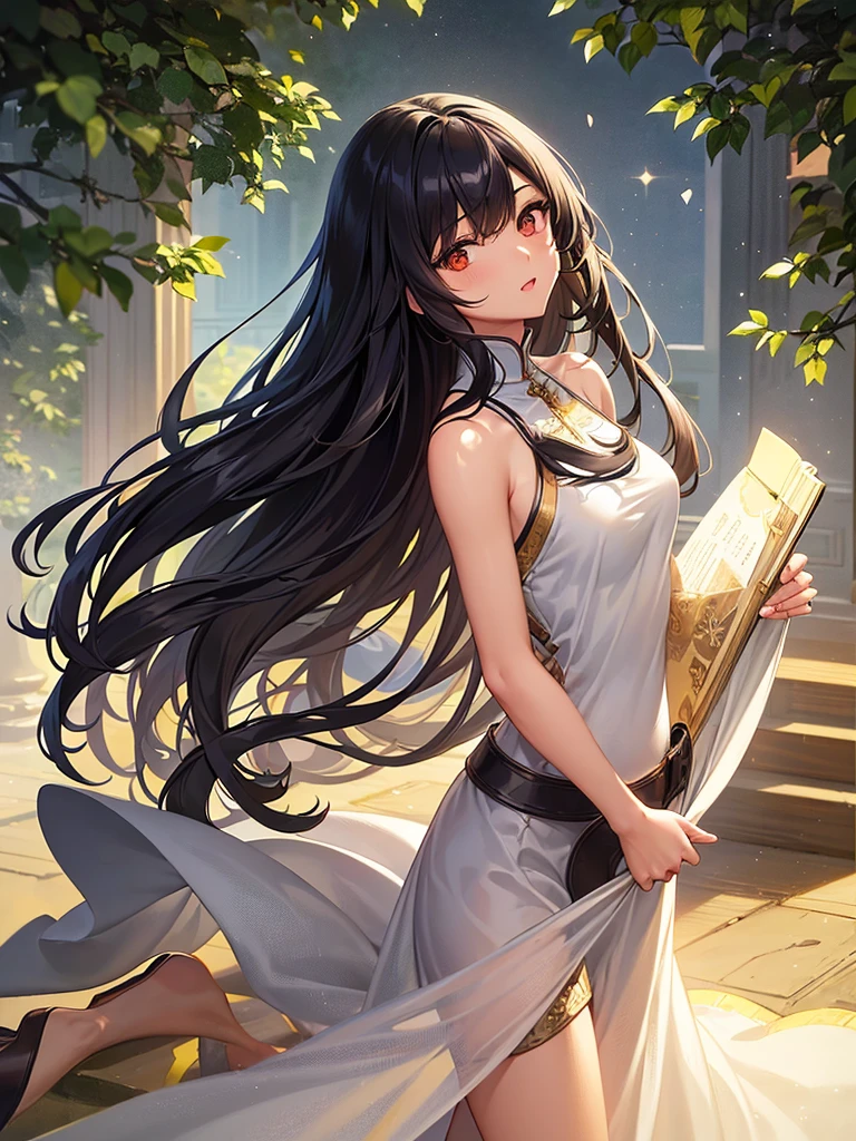 Generate an image of beautiful girl, 20 years old, extremely long bushy curly black hair, and short physique, brown skin, olive skin, oval face shape, light makeup, white dress, altruistic, insecure, hopeful personality, portrait, college student, colored manga sketch art style
In the style of Chinese pastel painting