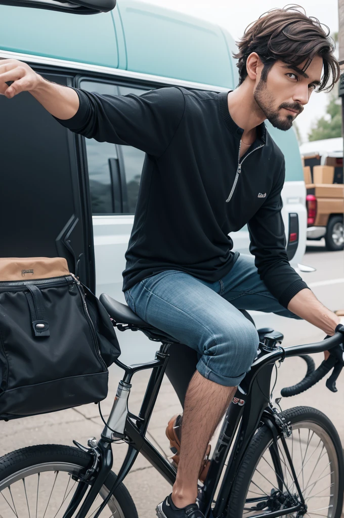 Man riding a bicycle and looking at the pickup truck next to him 