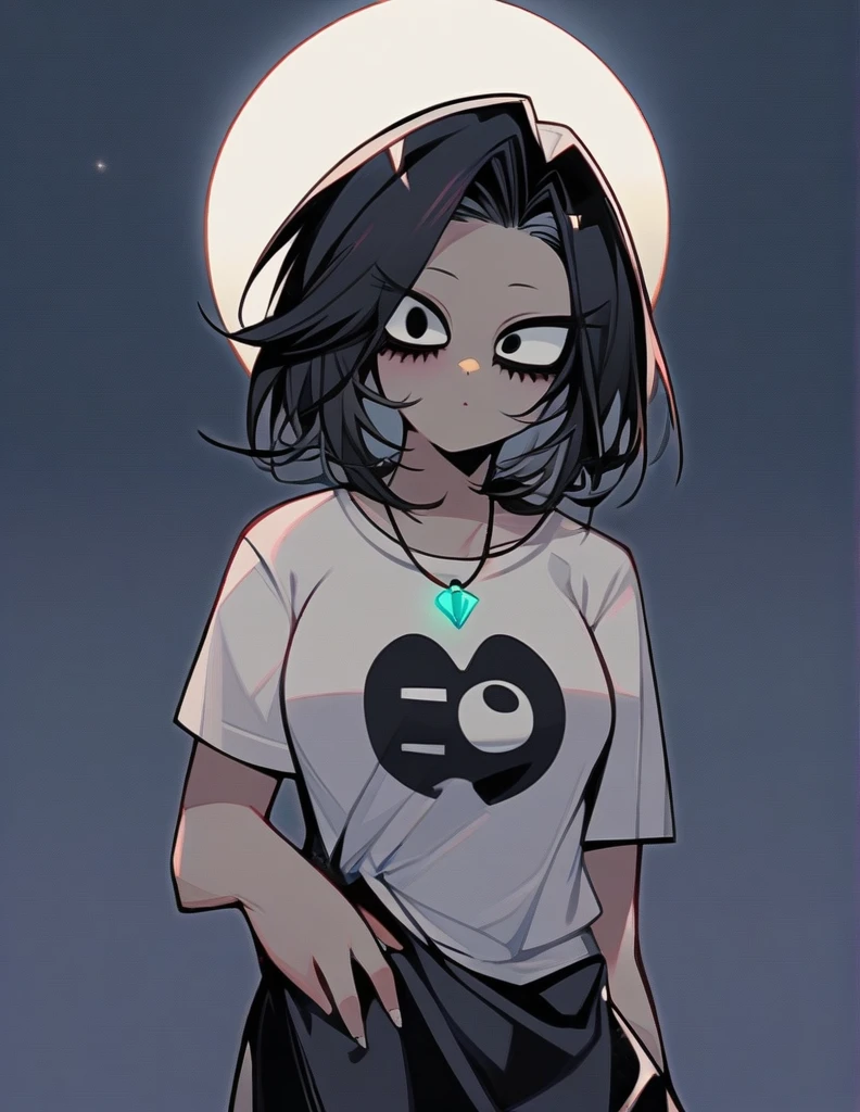 One girl, famale focus,  boku no hero academia, with dark circles   , mysterious ,ingenious , black knee-length t-shirt with a big white B  , black hair long  , so beautiful, necklace moon ,