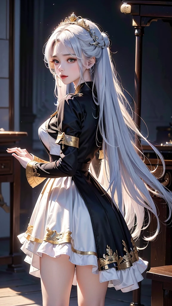 ((masterpiece:1.5,Highest quality,Highly detailed images,Beautiful images、Realistic、Photorealistic、2.5D))(1girl, 独奏)(Adult women、large breasts, white hair, beautiful eyes, Healthy legs、Tight ass、Beautiful cleavage)(Fantasy dresses、Fantasy Clothes、Black battle dress、black dress:1.5, Deep slit)(smile, wind, floating hair)(bright、Soft lighting、Inside the castle、The King's Chamber)from behind