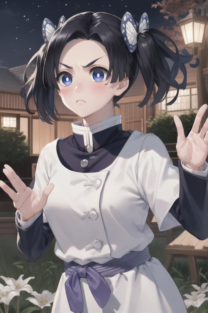 masterpiece, best quality, highres,
AoiDef, 1girl, solo, breasts, blush, short hair, bangs, blue eyes, black hair, hair ornament, twintails, v-shaped eyebrows, parted bangs, frown, bright pupils, white pupils, butterfly hair ornament, kanzaki aoi \(kimetsu no yaiba\), 
long sleeves, dress, white dress, jacket, short sleeves, white dress, layered sleeves, short over long sleeves, purple pants, demon slayer uniform, kimetsu no yaiba,
upper body, waving, waving arms, outdoors, forest, field, night, night sky, darkness, starry sky, 