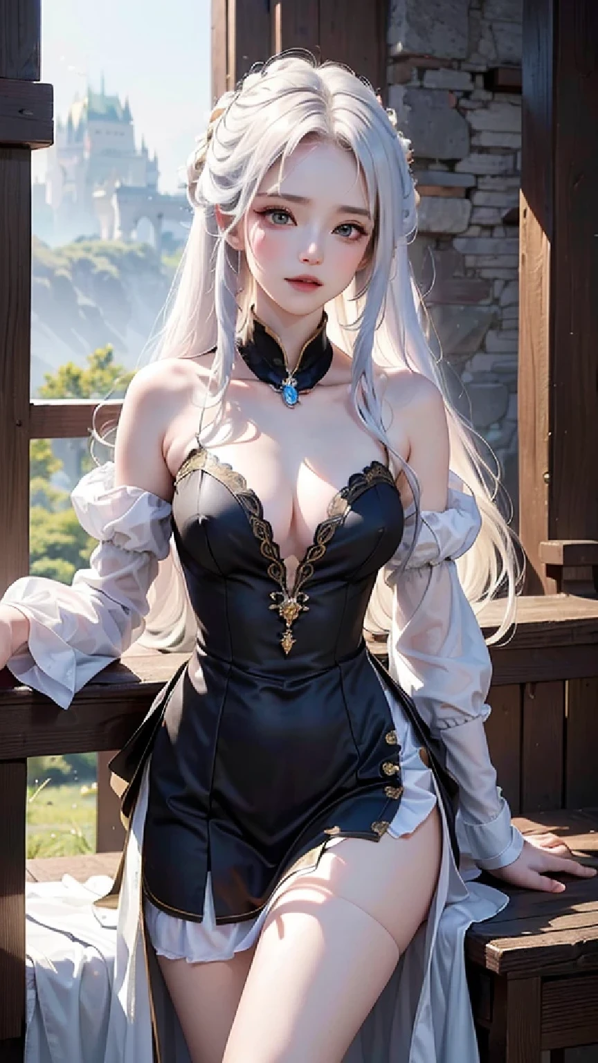 ((masterpiece:1.5,Highest quality,Highly detailed images,Beautiful images、Realistic、Photorealistic、2.5D))(1girl, solo)(Adult women、large breasts, white hair, beautiful eyes, Healthy legs、Tight ass、Beautiful cleavage)(Fantasy dresses、Fantasy Clothes、Black battle dress、black dress:1.5, Deep slit)(smile, wind, floating hair)(bright、Soft lighting、Inside the castle、The King's Chamber)