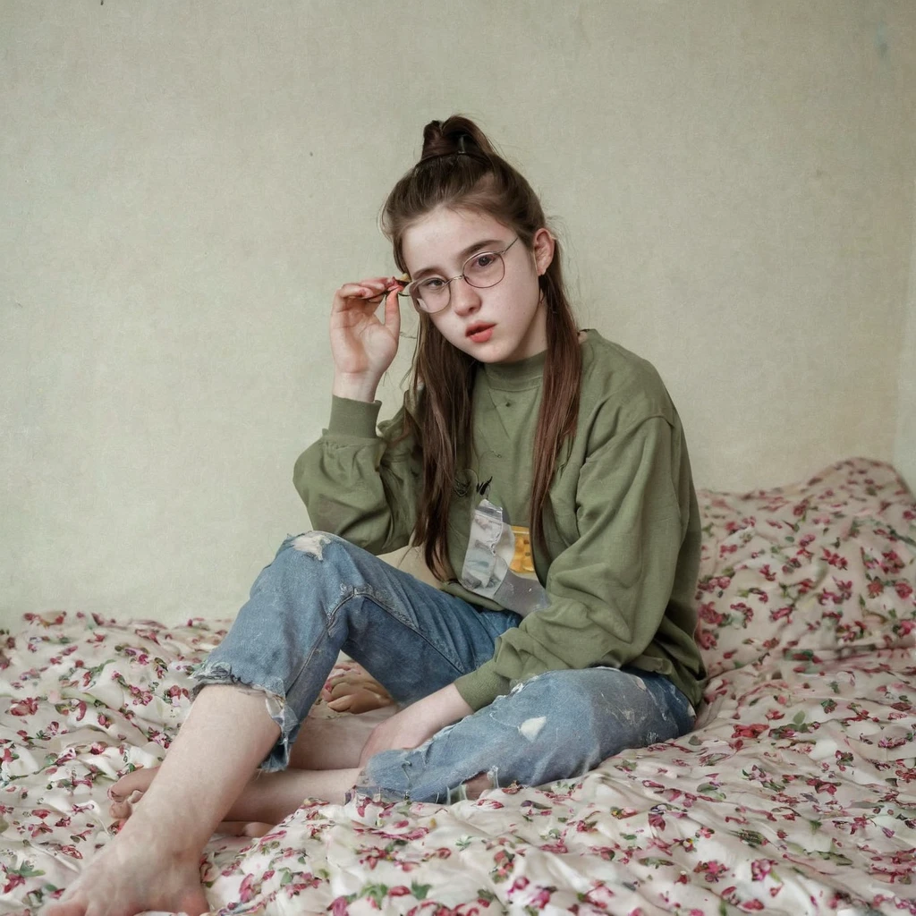Pale skin ponytail hair Kurdish glasses sitting on bed tin body
