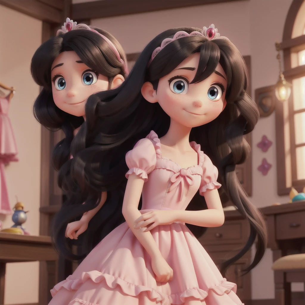 Make a princess with long black hair and light eyes and a pink princess dress