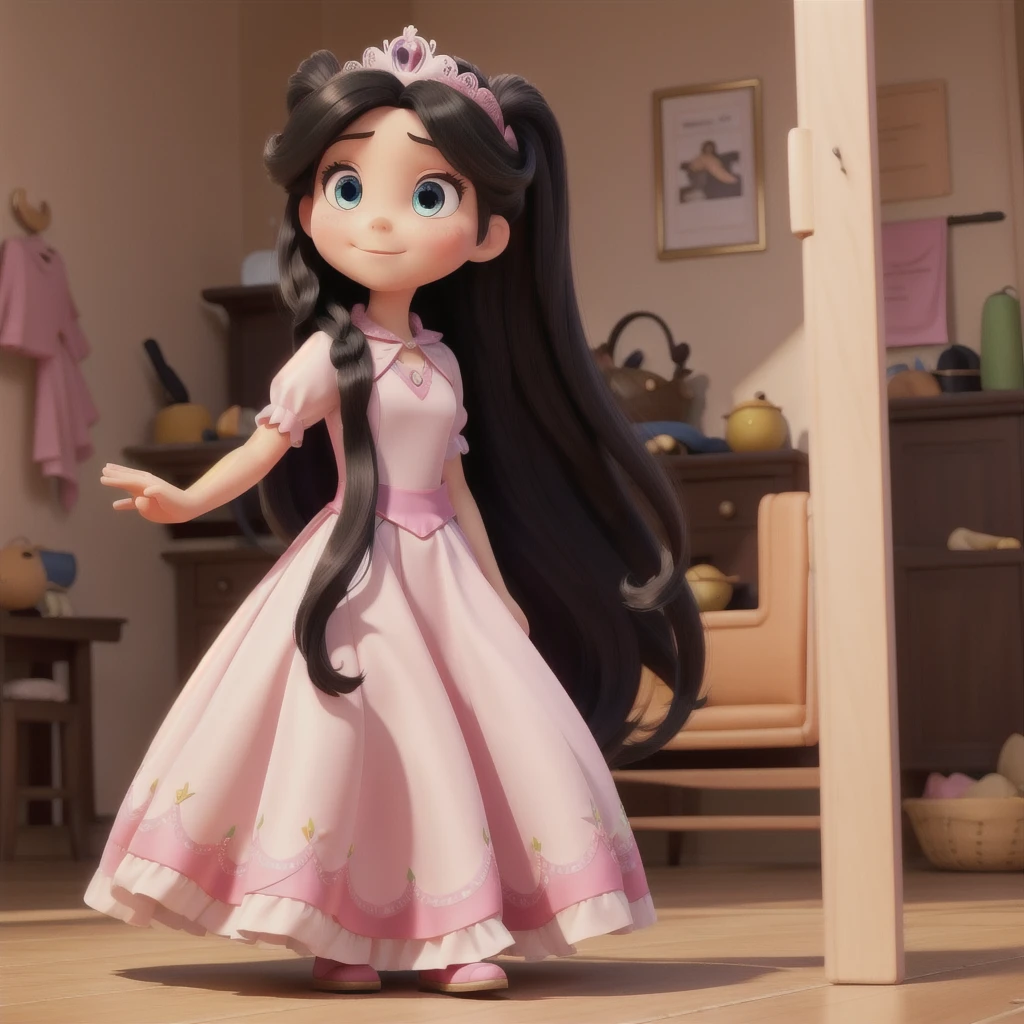 Make a princess with long black hair and light eyes and a pink princess dress
