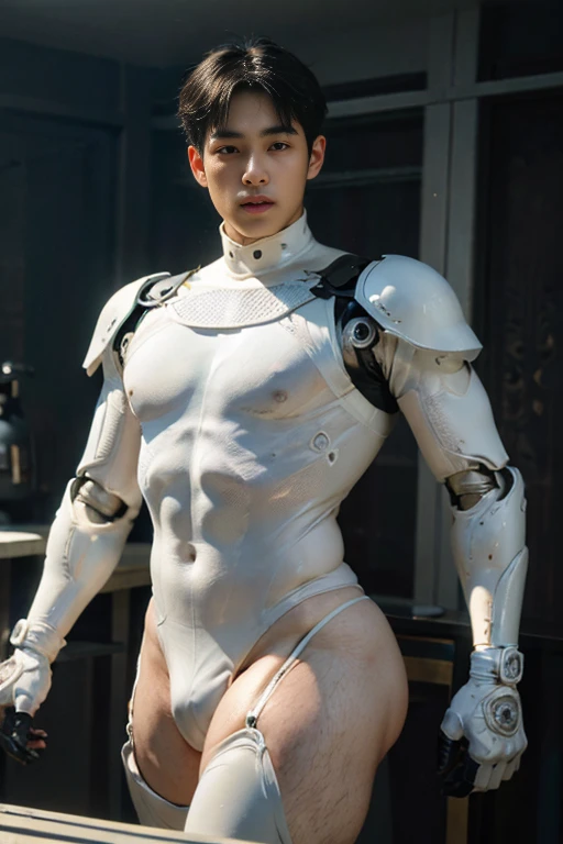 (masutepiece,High resolution,ultra - detailed:1.0),1(Boy,Robot Boy),Perfect male body,Look at the camera,Delicate eyes and delicate face,extremely details CG,Unity 8k wallpaper,intricate-detail,solo person,Detailed face, (Futuristic tight spandex white bodysuit), Best Quality, hands visible, (White Gloves), Beautiful and delicate blue short hair:1.5 , full length shot(fls) , big thighs , big hips , insane details, hyper details , photorealistic , ,only boy ,only male , puffy nipples , 16k resolution , ultra-high clarity , hyperrealism, uhd,. K-pop idol ,   whore , slutty whore , swollen nipples , defeat , grins ,thick thighs, male , unrealistic wide hips , unrealistic pelvis , 
