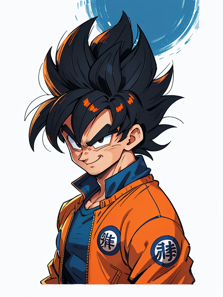 1man, solo, (masterpiece), best quality, ultra-detailed, Son Goku from Dragon Ball Z, black hair, Retro style, full body. fashion cloth, blue jacket, orange shirt, fancy, portrait, upper body, face detail, eyes detail: 1.3, simple background, black eyes, orange shirt,(white background), happy, smiling