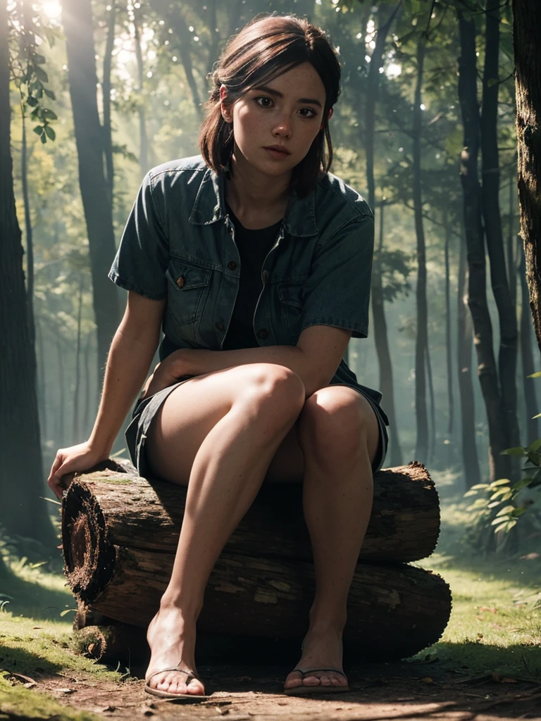 Ellie, tlou2, portrait, sitting on a log, the forest, Sun rays, Looking at the viewer, award-winning, (8 k, Raw photo, Best quality, masterpiece:1.2),ultra detailed, (highly detailed skin:1.2), 8 k uhd, SLR camera, soft lighting, high quality, 