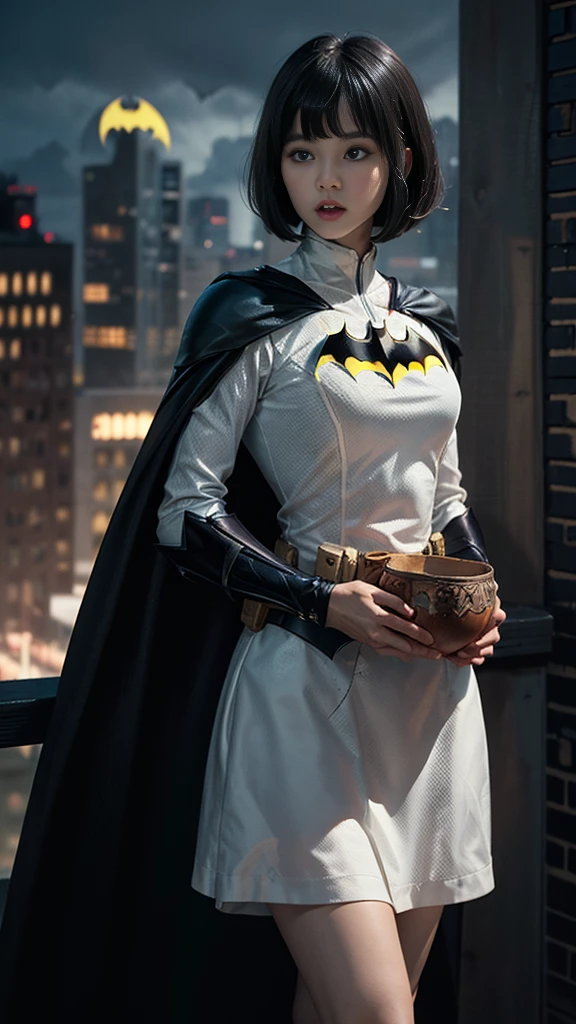 ((Cowboy Shot))、Mature Woman、(masterpiece, Highest quality), Intricate details, 8K, 1 Girl, Long Hair, Bowl Cut Hair,((blunt bangs))、 Black Hair,((Batman&#39;s suit is ultra-detailed and intricately designed)),Skyscraper, city, building,street,((Delicate painting))，(Detailed RAW photos of girls), (Masterpiece:1.25), (Highest quality:1.6), (Ultra-high resolution:1.5), (Photorealistic:1.75), 8K resolution, Canon EOS R5, 50mm, Confused, Very detailed,Cinema Lighting、((Super big breasts))、Ultra-delicate and intricately decorated thigh-high boots、Super subtle and ultra cool decoration on Batman&#39;s suit、　((Cape))