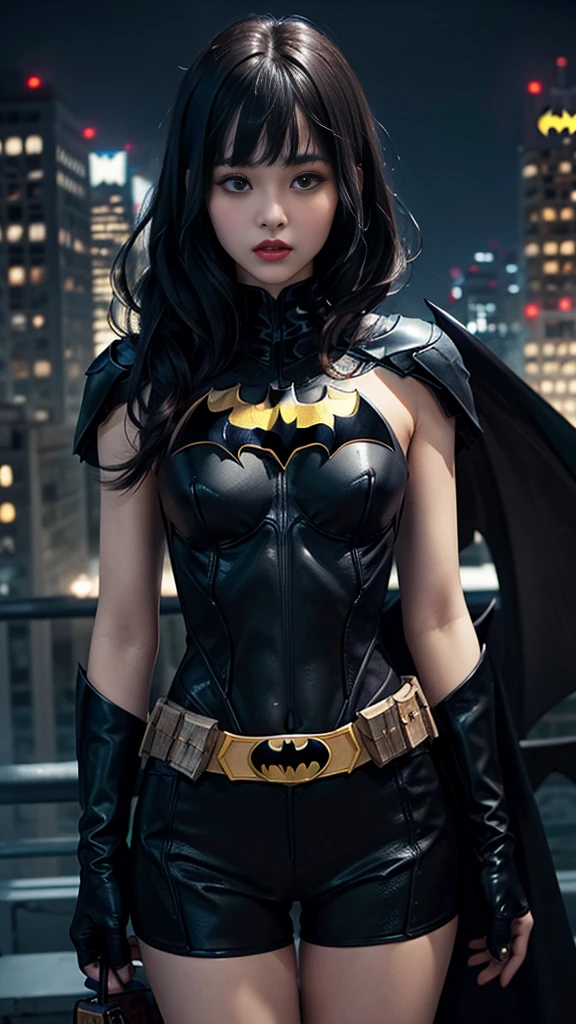 ((Cowboy Shot))、Mature Woman、(masterpiece, Highest quality), Intricate details, 8K, 1 Girl, Long Hair, Bowl Cut Hair,((blunt bangs))、 Black Hair,((Batman's suit is ultra-detailed and intricately designed)),Skyscraper, city, building,street,((Delicate painting)),(Detailed RAW photos of girls), (Masterpiece:1.25), (Highest quality:1.6), (Ultra-high resolution:1.5), (Photorealistic:1.75), 8K resolution, Canon EOS R5, 50mm, Confused, Very detailed,Cinema Lighting、((Super big breasts))、Ultra-delicate and intricately decorated thigh-high boots、Super subtle and ultra cool decoration on Batman's suit、 ((Cape))