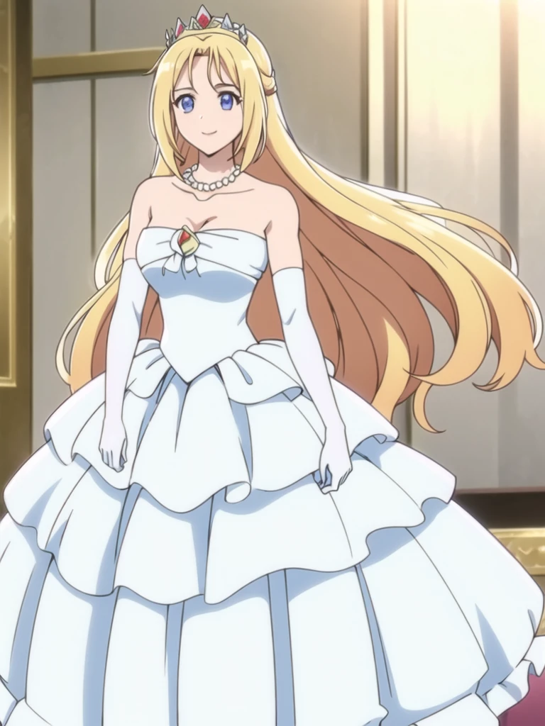 ((Best quality))),((Ultra-detailed)),((illustration)),((Disheveled hair)),((frilld)),(1 girl),(Solo), 1girl,solo,rating:safe,wedding,bare_shoulders,blonde_hair,blue_eyes,breasts,bridal_gauntlets,bridal_veil,cleavage,clothing,crown,curtsey,dress,drop_earrings,earrings,elbow_gloves,female,female_only,gloves,headdress,headwear,jewelry,layered_dress,long_hair,looking_at_viewer,necklace,skirt_hold,smile,standing,strapless,strapless_dress,tiara,veil,very_long_hair,white_dress,white_footwear,white_gloves,