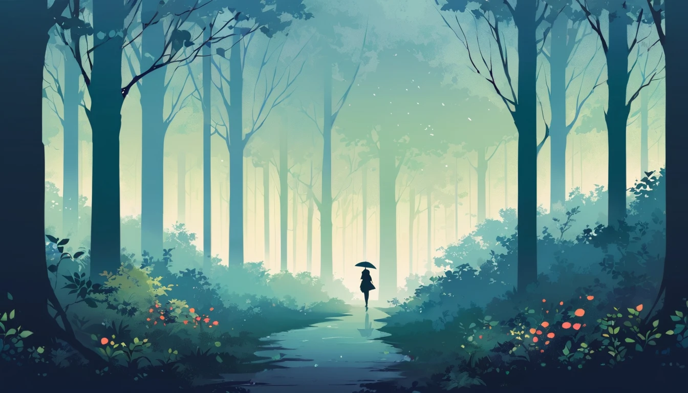Landscape of park or forest with trees and plants shrouded in mist, silhouette of a girl walking with a colorful umbrella drawn in soft tones, expressing the relaxing feeling of a solo walk in nature, Japanese anime style
