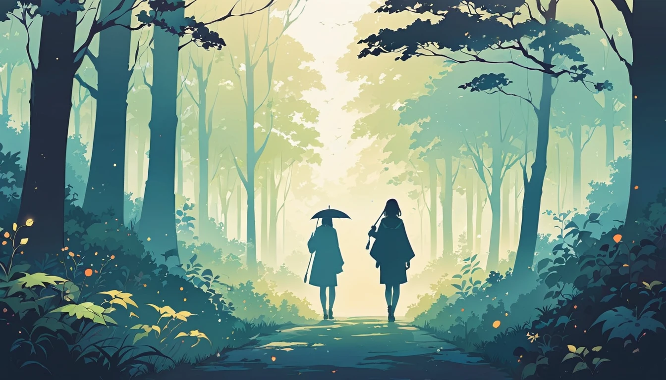 Landscape of park or forest with trees and plants shrouded in mist, silhouette of a girl walking with a colorful umbrella drawn in soft tones, expressing the relaxing feeling of a solo walk in nature, Japanese anime style