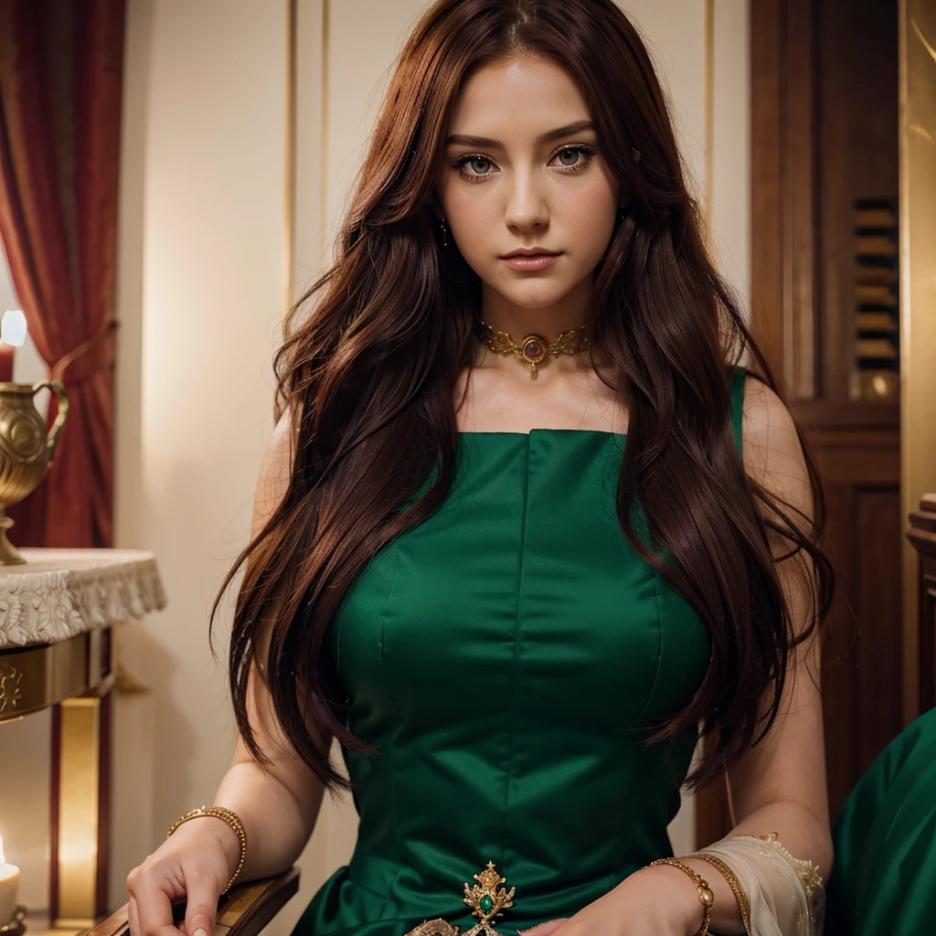 anime style, girl, red wine hair, green eyes, royalty dress, jewelry