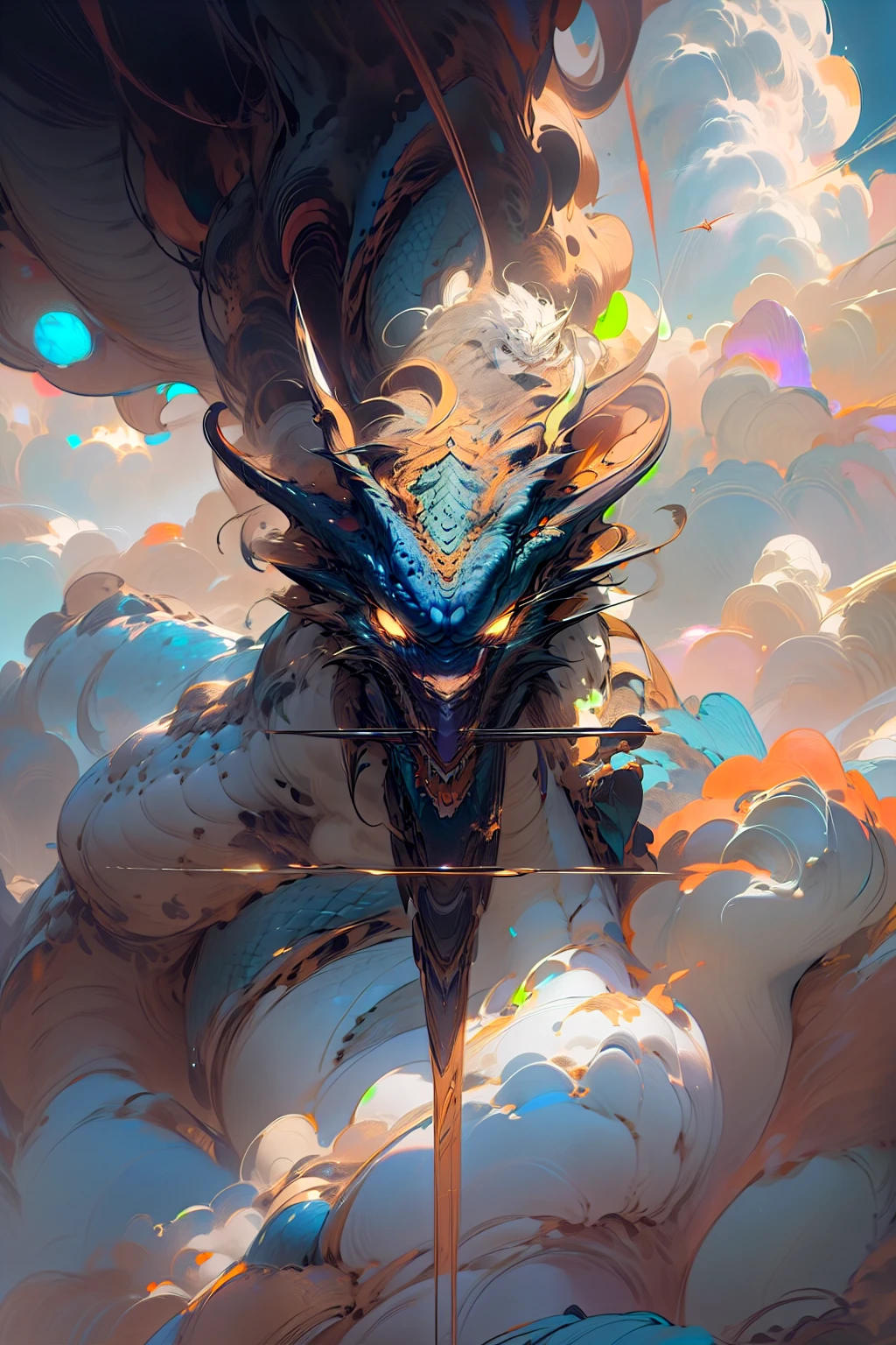 masterpiece, best quality, high quality, cinematic lighting, cinematic ,beautiful and aesthetic, ultra detailed, great composition, floating, depth of view, (extremely detailed CG, unity 8k wallpaper), (beautifully detailed background), beautiful details, dramatic lighting, mecha, gear, dragon, giant dragon, flying, sky, clouds, white