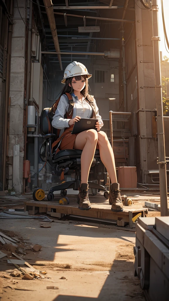 Engineer woman full body sitting down on ground