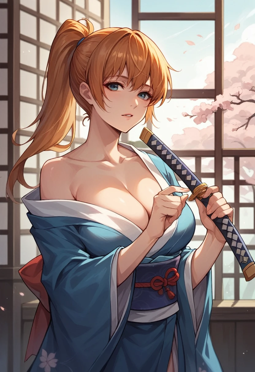 kasumi from dead or alive, ponytail hair, japanese beautyful woman, blue kimono, milf, holding a small katana

