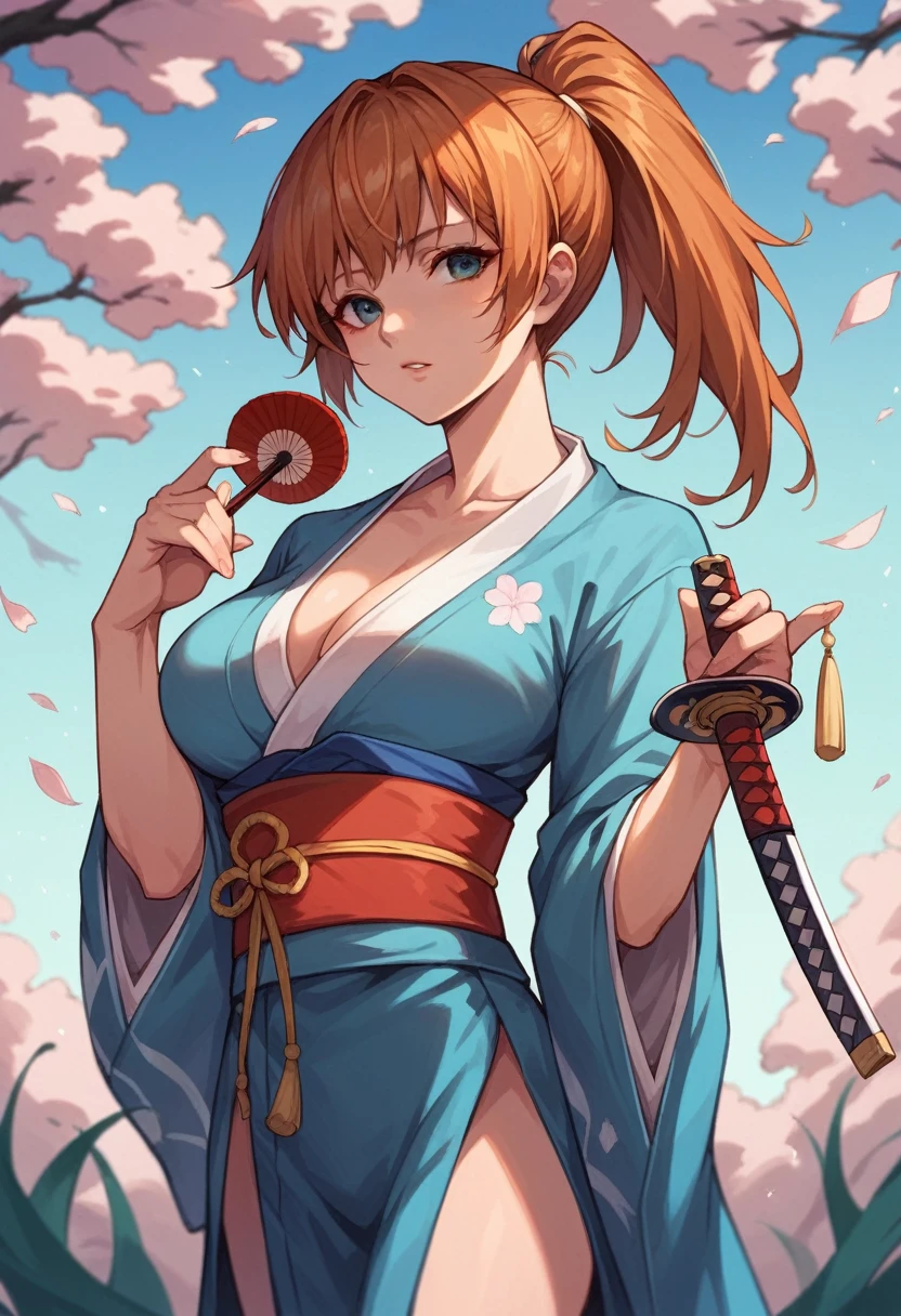 kasumi from dead or alive, ponytail hair, japanese beautyful woman, blue kimono, milf, holding a small katana