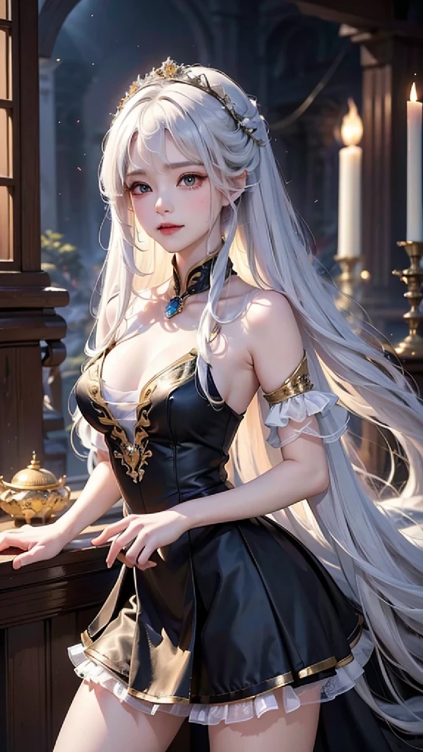 ((masterpiece:1.5,Highest quality,Highly detailed images,Beautiful images、Realistic、Photorealistic、2.5D))(1girl, solo)(Adult women、large breasts, white hair, beautiful eyes, Healthy legs、Tight ass、Beautiful cleavage)(Fantasy dresses、Fantasy Clothes、Black battle dress、black dress:1.5, Deep slit)(smile, wind, floating hair)(bright、Soft lighting、Inside the castle、The King's Chamber)