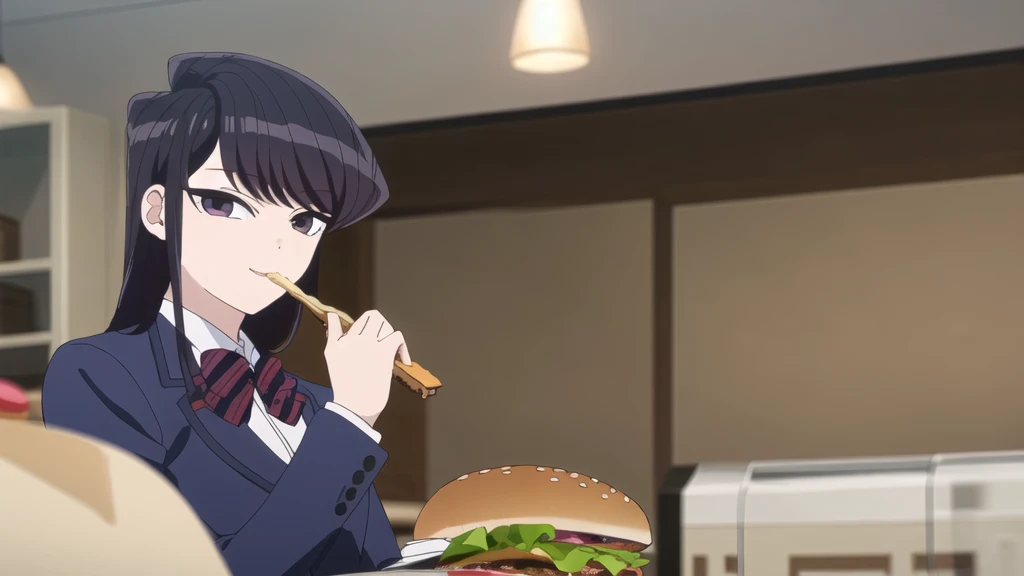 girl, Alone, Upper part of the body,  looking at the viewer, , dark blue jacket, striped bow tie, , perfect quality, Good quality, Masterpiece, HDR, eating hamburger, sitting, small smile, head on