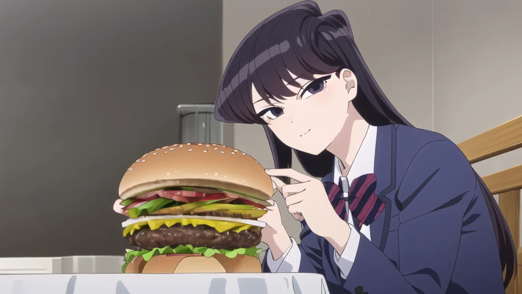 girl, Alone, Upper part of the body,  looking at the viewer, , dark blue jacket, striped bow tie, , perfect quality, Good quality, Masterpiece, HDR, eating hamburger, sitting, small smile, head on