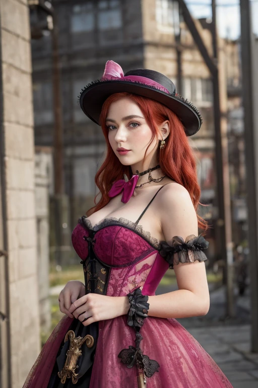 ((melhor qualidade)), ((Obra de arte)), (detalhado), 1 garota, suéter ombro a ombro, beautiful young woman dressed in a fusia dress with tulle and lace, bow, steampunk style, voluminous redhead hair, fusia top hat, front view,
steampunk elements,
stand in front of an old factory,